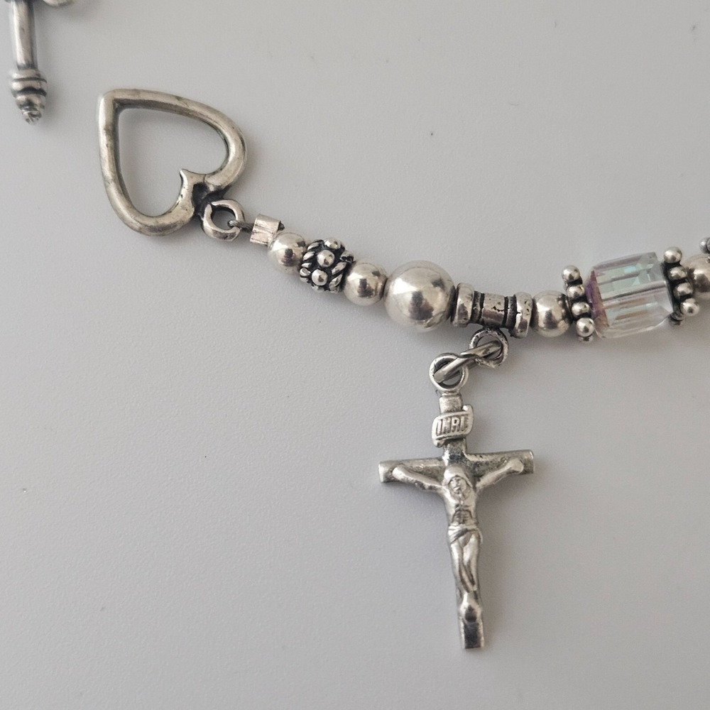 Sterling Silver Faceted Crystal AB Bracelet Crucifix Charm Toggle Clasp 7.5" - Picture 4 of 10